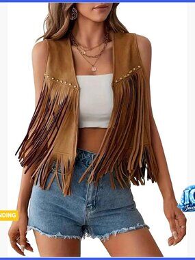 Fringe Tops Rivet Suede Sleeveless Western Vest Cowboy Jacket